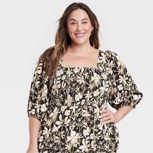 NWT Ava & Viv Black Floral Puff Elbow Peplum T-Shirt Size 4X